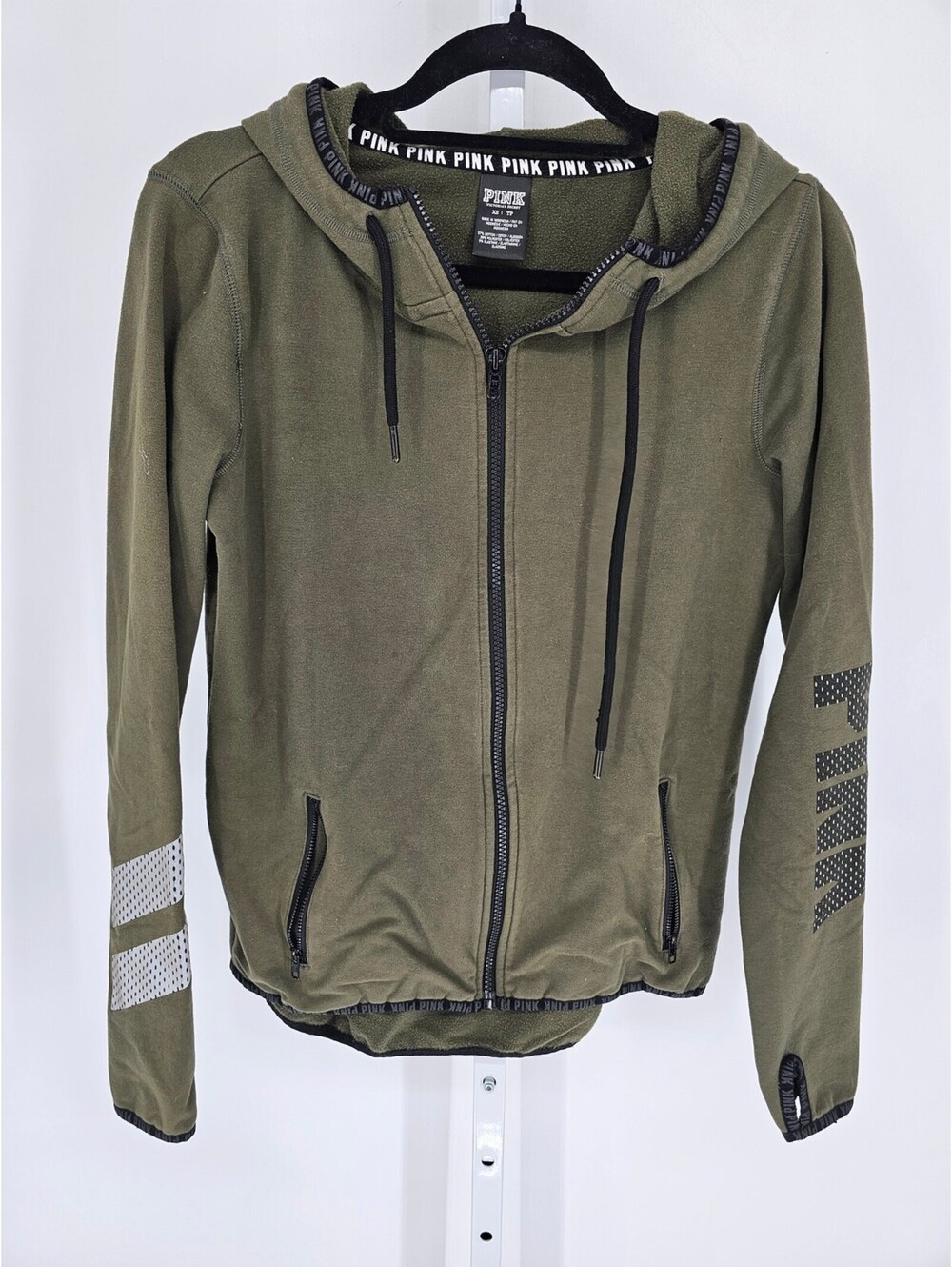 Pink by Victorias Secret Womens Sz XS Full Zip Athletic Hoodie Olive Green